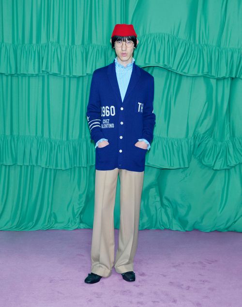 Valentino - Wool Cardigan With Shawl Collar And Chez Valentino Jacquard - Blue/butter - Man - Knitwear