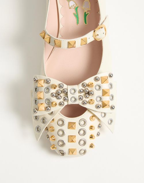 Valentino Garavani - Mary-jane Bowow Ballerina In Kidskin With Studs - Ivory - Woman - Ballerinas