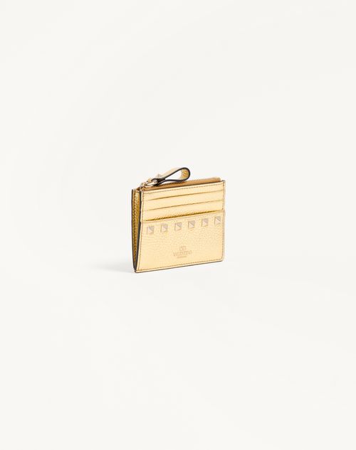 Valentino Garavani - Rockstud Laminated Grainy Calfskin Card Holder With Zipper - Antique Brass - Woman - Wallets And Small Leather Goods