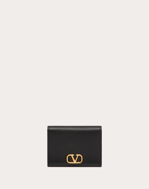 Compact Vlogo Signature Grainy Calfskin Wallet for Woman in Black ...