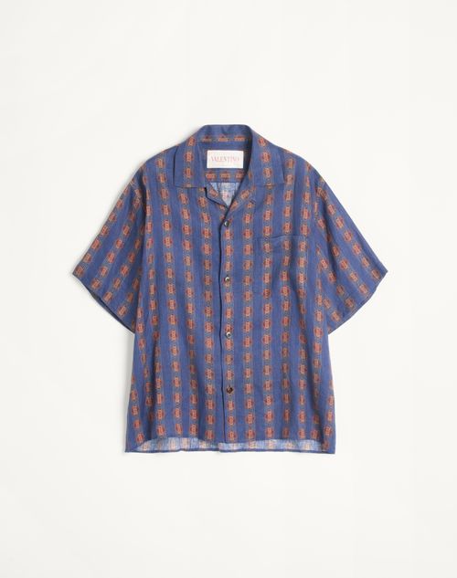 Valentino - Linen Bowling Shirt With Voyage Imaginaire Print - Blue/orange - Man - Shirts