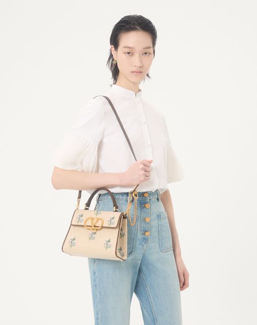 Valentino Garavani - Valentino Garavani Vsling Small Handbag In Linen With Embroidery - Natural/multicolour - Woman - Top Handle Bags