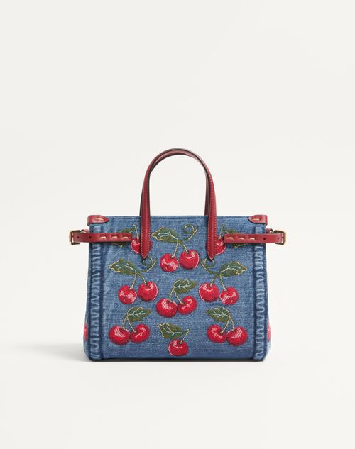 Valentino Garavani - Valentino Garavani Antibes Small Shopping Bag In Denim With Cherryfic Embroidery - Denim/multicolour - Woman - Totes