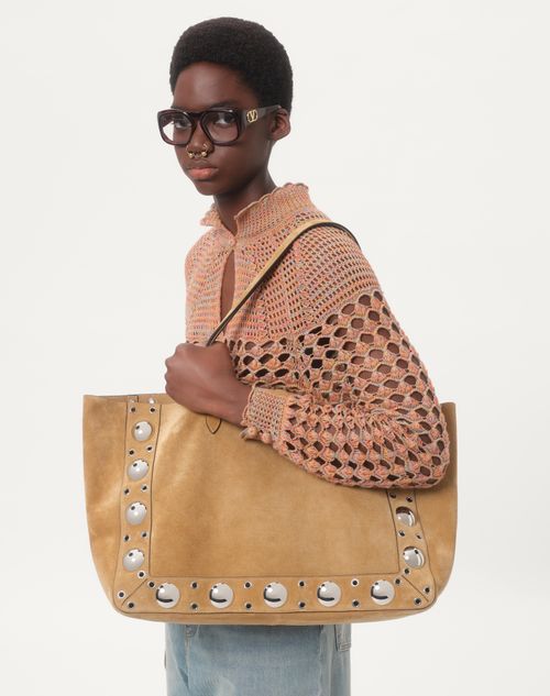 Valentino Garavani - Valentino Garavani Nellcôte Large Suede Shopping Bag - Havana Beige - Man - Totes