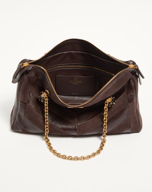 Valentino Garavani - Borsa Media A Spalla Valentino Garavani Panthea In Suede E Nappa Motivo Chevron - Ebano - Donna - Borse A Spalla