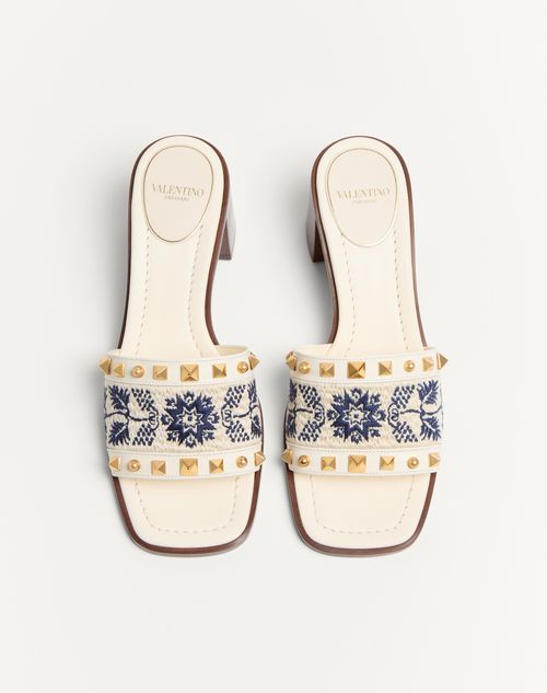 Valentino Garavani - County Slide Sandal In Calfskin With Grape Embroidery 60mm - Ivory/natural/blue - Woman - Sandals