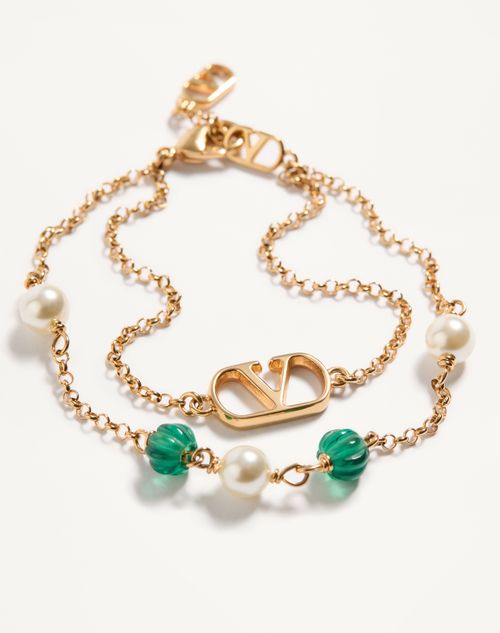 Valentino Garavani - Vlogo Signature Metal, Pearl And Knurled Glass Bracelet - Gold - Woman - Jewelry