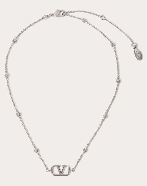 Valentino Garavani Mini Vlogo Signature Necklace In Metal And Swarovski® Crystals Woman Palladium/cr