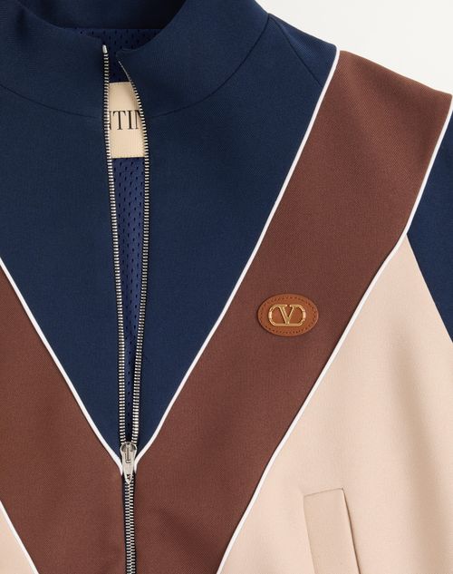 Valentino - Nylon Sweatshirt With Zip And Vlogo Patch - Blue/hazelnut/butter - Man - T-shirts And Sweatshirts