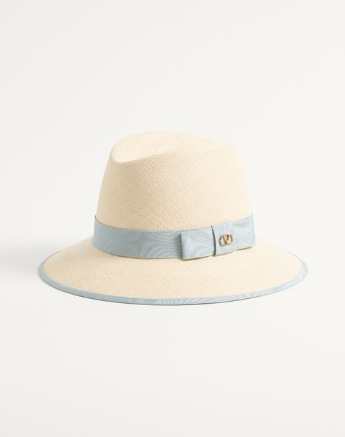 Valentino Garavani - Cappello Vlogo Signature In Paglia Con Nastro In Moire' - Naturale/azzurro - Donna - Cappelli E Guanti
