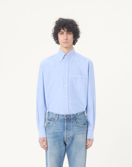 Valentino - Baumwollhemd Mit Vlogo-stickerei - Himmelblau - Mann - Hemden
