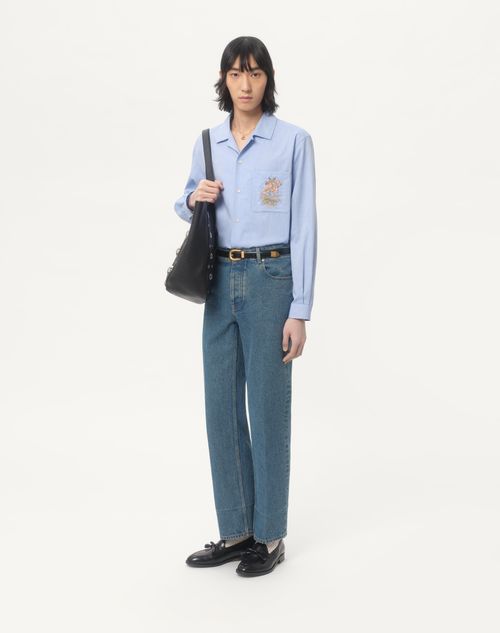 Valentino - Oxford Cotton Shirt With Floral Embroidery - Azure - Man - Shirts