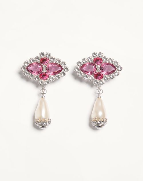 Valentino Garavani - Pas Plus Earrings In Metal, Resin, Enamel And Crystals - Palladium/cream/pink - Woman - Fashion Jewelry