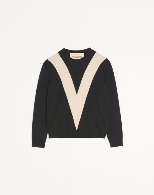 Valentino - Maglia Valentino In Lana Con V Intarsiata - Nero/burro - Uomo - Maglieria