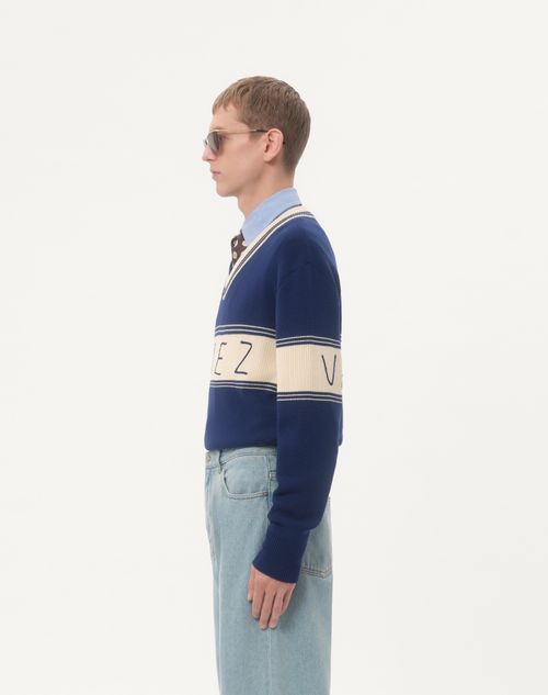 Valentino - Wool And Cotton Jumper With Chez Valentino Jacquard Pattern - Blue/butter - Man - Knitwear