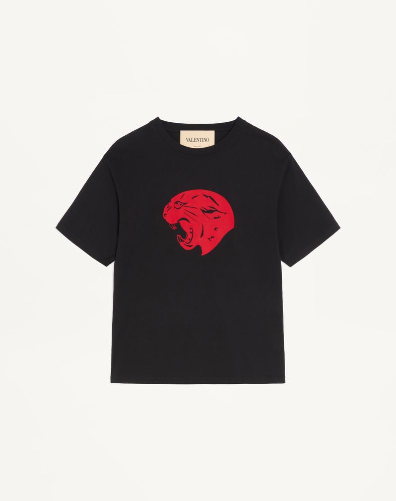 Valentino Cotton T-Shirt With Panther Print Man Black/Red M