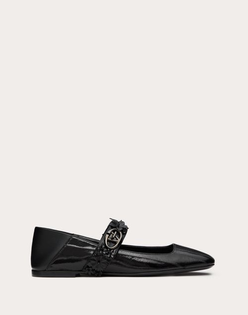 VALENTINO GARAVANI VALENTINO GARAVANI VLOGO LOCKER MARY-JANE BALLERINA IN EEL WITH FLOWER APPLICATION WOMAN BLACK 37.5