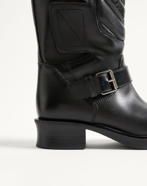 Valentino Garavani - Rayons Biker Boot In Calfskin And Nappa Leather With Chevron Pattern 40mm - Black - Woman - Boots And Ankle Boots