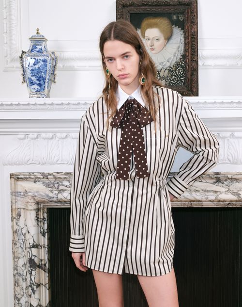 Valentino - Midi Dress In Printed Striped Poplin - Ivory/chocolate - Woman - Dresses