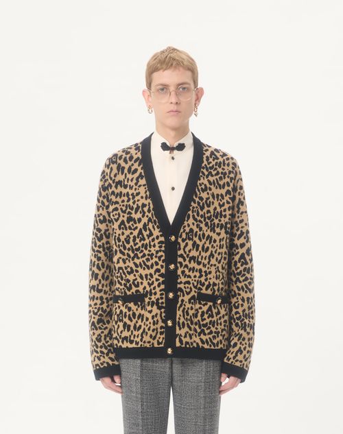 Valentino - Valentino Wool Cardigan With Fauve Eclat Animal Print Jacquard - Animal Print - Man - Knitwear