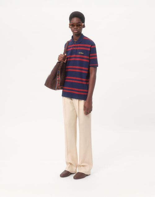 Valentino - Cotton Piqué Polo Shirt With Chez Valentino Embroidery - Blue/red - Man - Tshirts And Sweatshirts