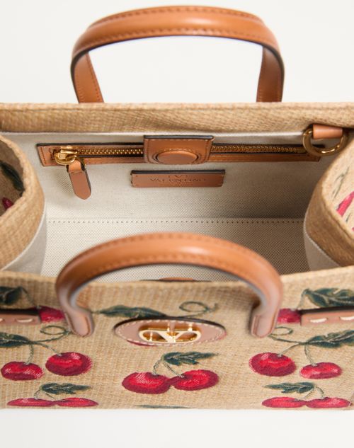 Valentino Garavani - Valentino Garavani Antibes Small Shopping Bag In Jacquard Raffia With Cherryfic Pattern - Natural/red - Woman - Totes