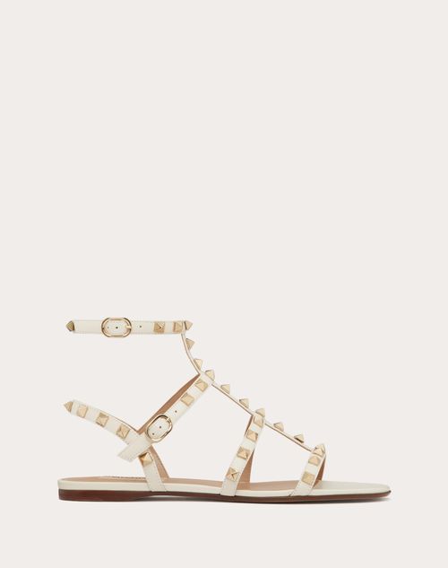 Valentino Garavani Rockstud Flat Calfskin Sandal With Straps Woman Light Ivory 35