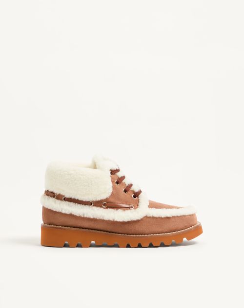 Valentino Garavani - Palm Avenue Ankle Boot In Split-grain Leather And Wool 25mm - Tobacco/natural - Woman - Boots And Ankle Boots