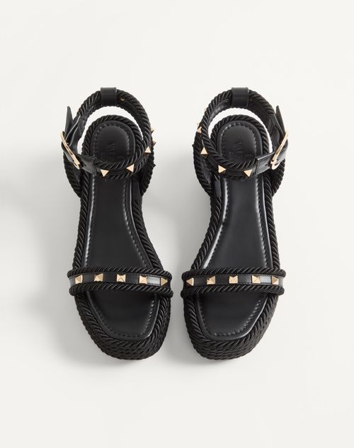 Valentino Garavani - Rockstud Flatform Sandal In Calfskin 45mm - Black - Woman - Espadrilles And Wedges