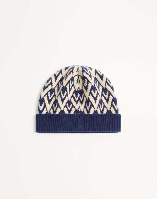 Valentino Garavani - Toute La V Signature Knitted Wool Beanie - Navy/cream - Man - Hats And Gloves