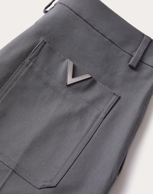 Valentino - Stretch Cotton Canvas Bermuda Shorts With Rubberized V Detail - Light Grey - Man - Pants And Shorts