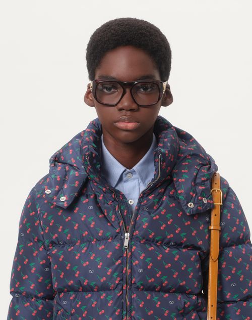 Valentino - Nylon Hooded Down Jacket With Cherryfic Print - Blue - Man - Outerwear
