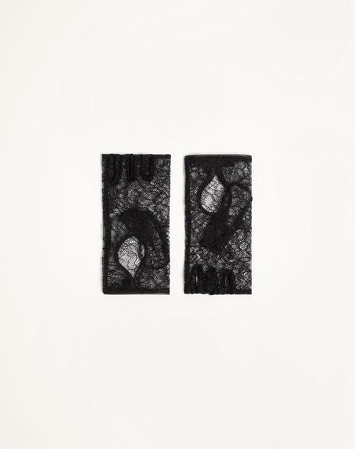 Valentino Garavani - Vlogo Signature Biker Gloves In Lace And Leather - Black/gold - Woman - Hats And Gloves