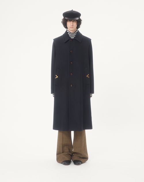 Valentino - Manteau Droit Valentino En Feutre De Laine Avec Vgold Sur Les Poches Latérales - Marine - Homme - Manteaux Et Blazers