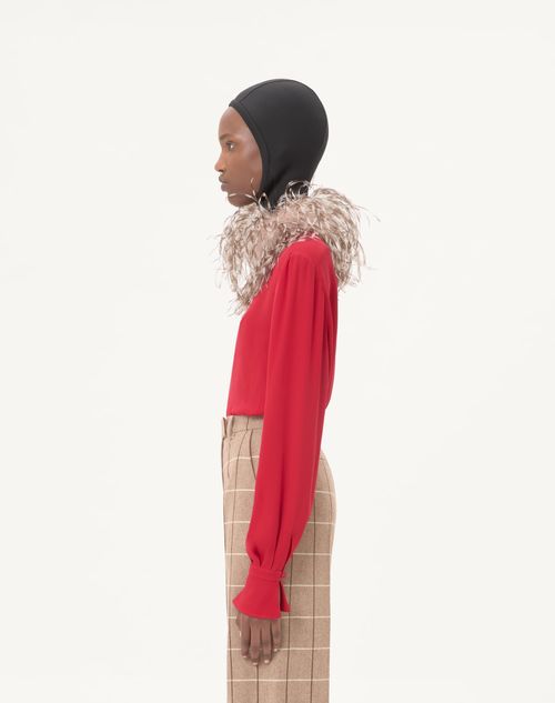 Valentino - Georgette Top With Feathers - Paris/brown - Woman - Shirts And Tops