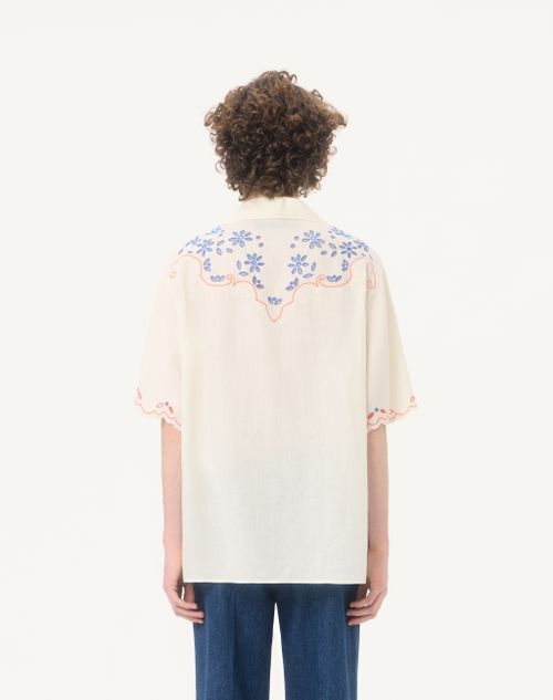 Valentino - Valentino Linen Bowling Shirt In San Gallo With Vlogo Embroidery - Latte - Man - Shirts