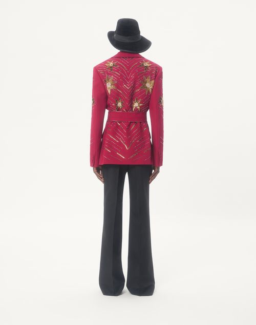 Valentino - Valentino Embroidered Belted Jacket In Grain De Poudre Wool - Cherry Red - Man - Coats And Blazers
