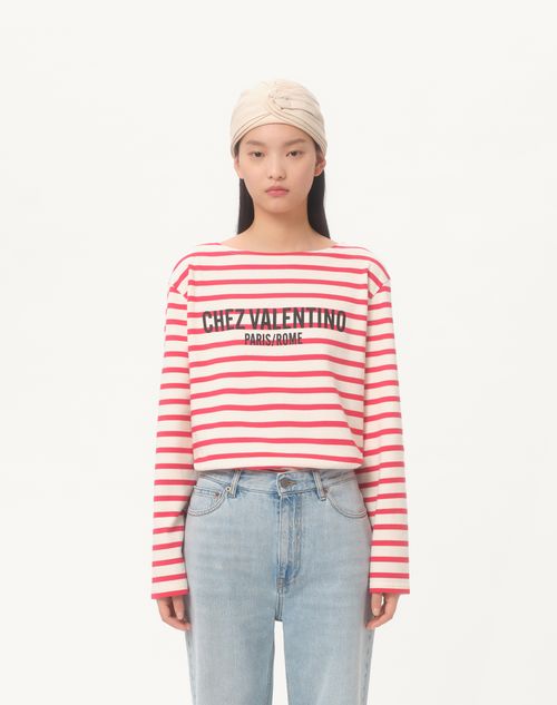 Valentino - Long-sleeved Cotton T-shirt With Chez Valentino Print - Ivory/red - Woman - T-shirts And Sweatshirts