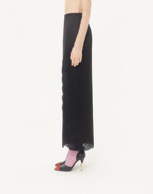 Valentino - Jupe Longue En Crêpe Satin Avec Dentelle - Noir - Femme - Jupes