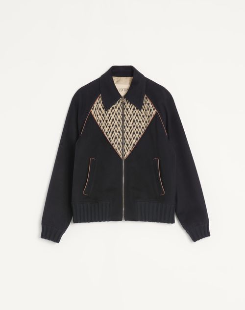 Valentino - Valentino Bomberjacke Aus Wolle Und Kaschmir Mit V-intarsien Und Toute La V Jacquardmuster - Schwarz - Mann - Jacken Und Winterjacken