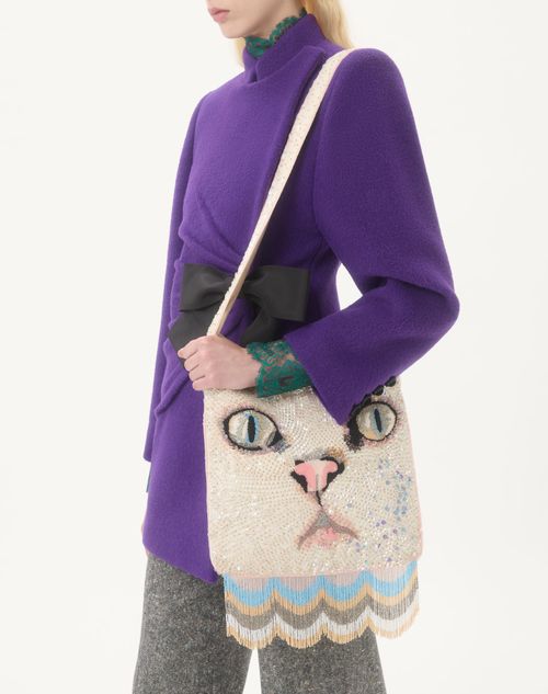 Valentino Garavani - Valentino Garavani Le Chat De La Maison Embroidered Shoulder Bag With Fringes - Butter - Woman - Shoulder Bags