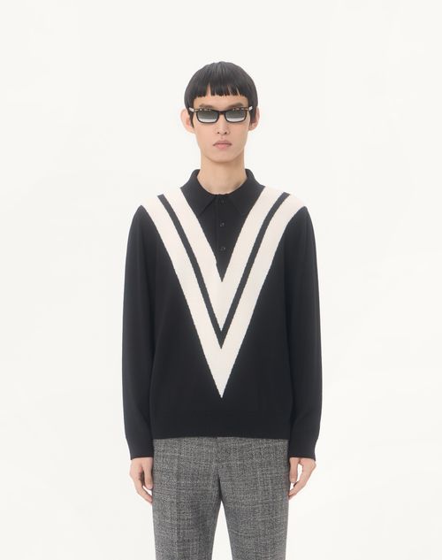 Valentino - Valentino Wool Polo Shirt With Inlaid V - Black/butter - Man - Knitwear
