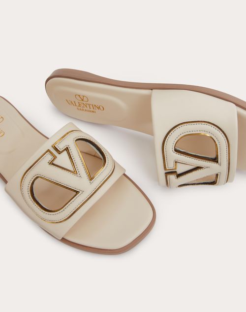 Valentino Garavani - Vlogo Cut-out Calfskin Slide Sandal - Ivory/antique Brass - Woman - Slides And Thongs