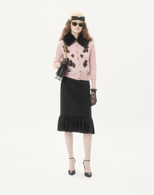 Valentino - Cardigan With Shearling Collar - Rose/black - Woman - Knitwear