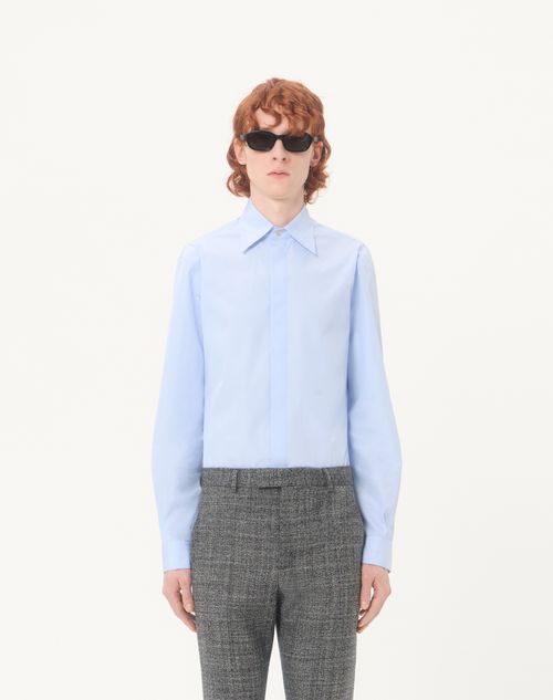 Valentino - Valentino Fil A Fil Cotton Shirt With Vlogo Embroidery - Sky Blue - Man - Shirts