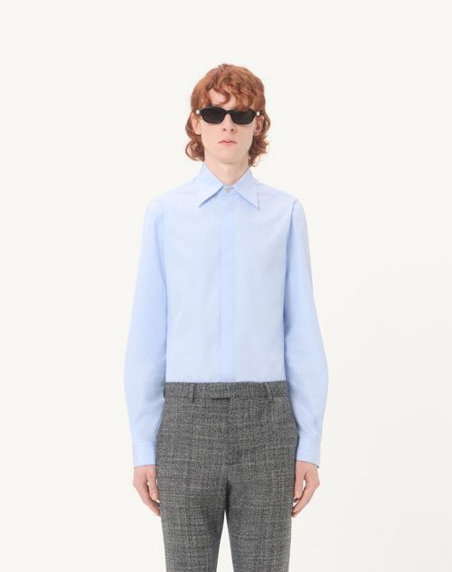 Valentino - Valentino Fil A Fil Cotton Shirt With Vlogo Embroidery - Sky Blue - Man - Shirts