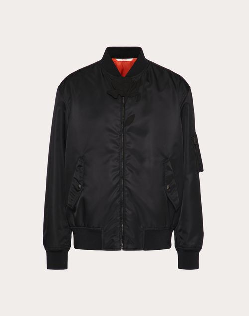 Valentino Nylon Bomber Jacket With Flower Embroidery In Black