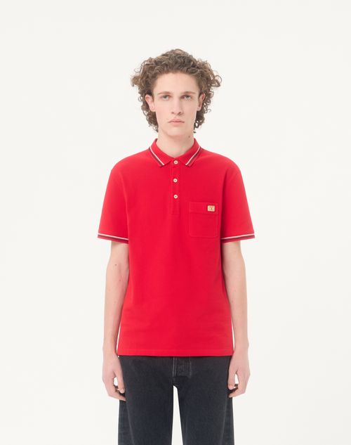 Valentino - Cotton Piqué Polo Shirt With Vlogo Patch - Red - Man - T-shirts And Sweatshirts
