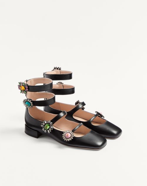 Valentino Garavani - Preshoes Ballerinas With Straps In Kidskin With Jewel Buttons 20mm - Black/crystal/multicolour - Woman - Ballerinas
