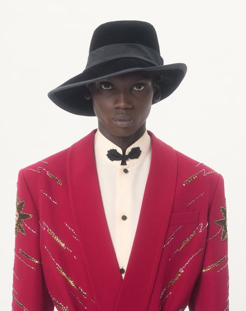 Valentino - Valentino Embroidered Belted Jacket In Grain De Poudre Wool - Cherry Red - Man - Coats And Blazers